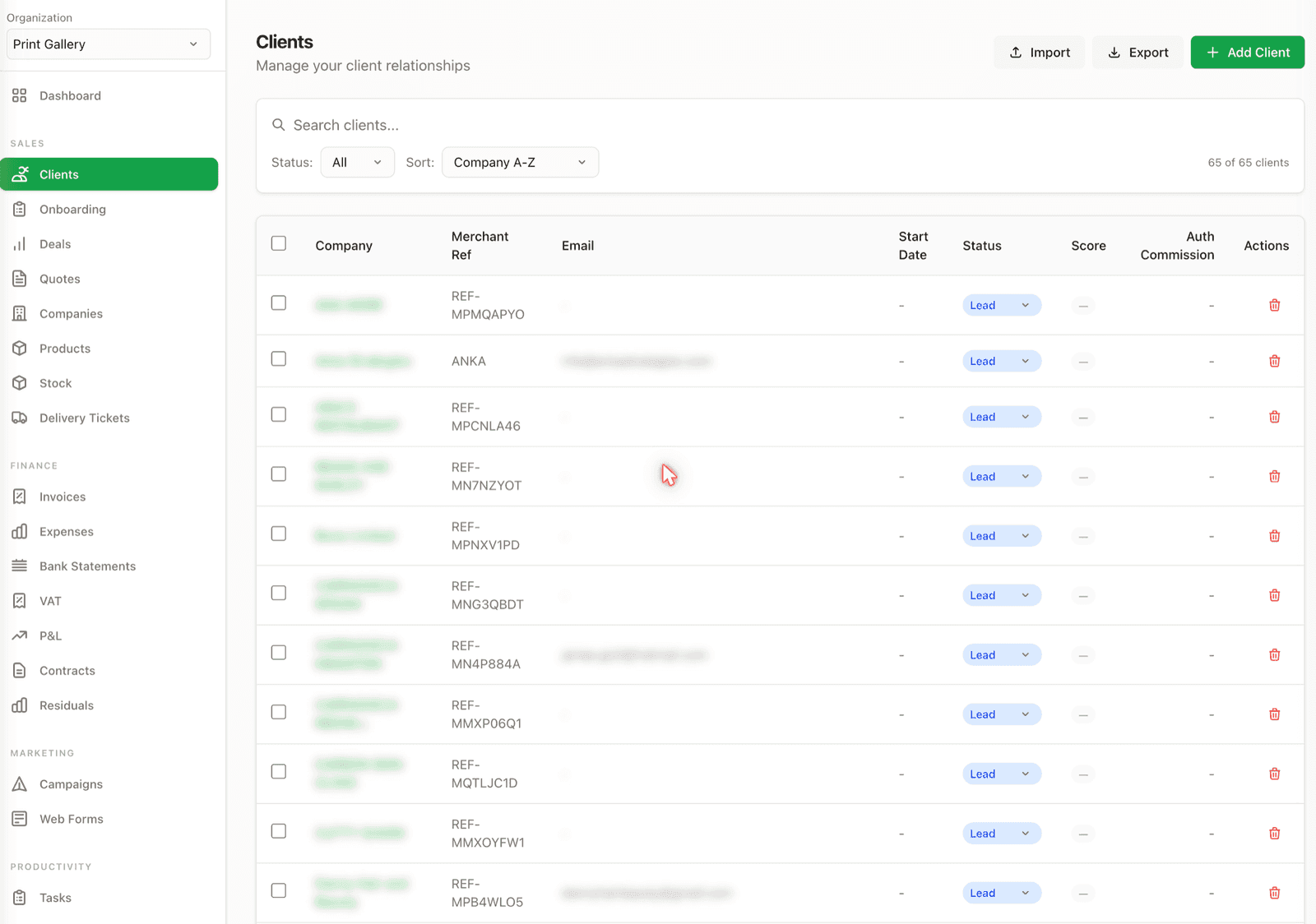 UPCRM clients list with status, merchant references and search