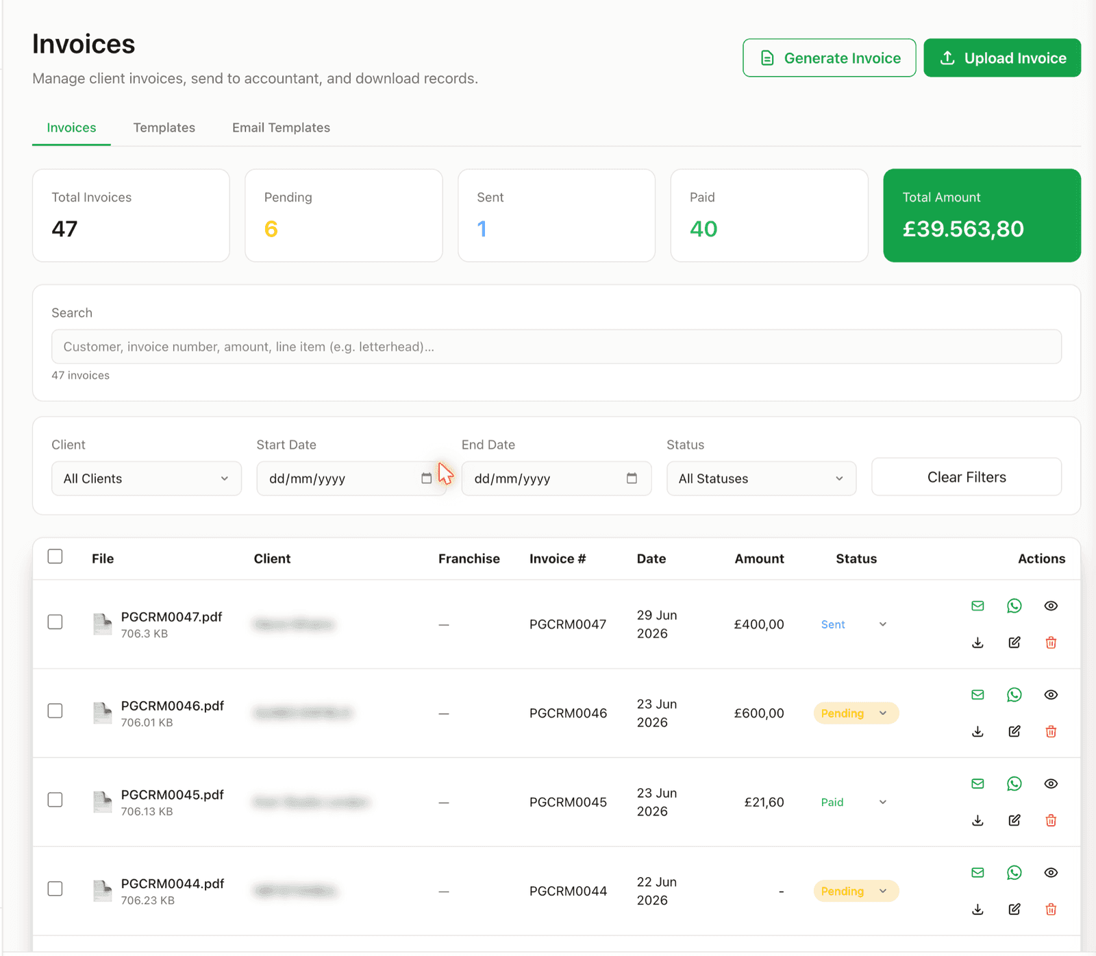 UPCRM invoices list with paid, pending and sent statuses and totals